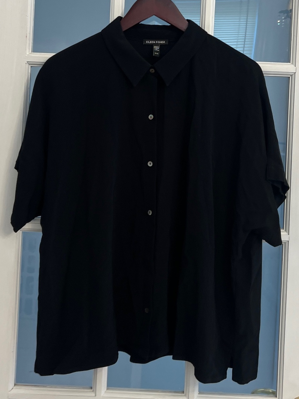 EILEEN FISHER Women’s Tencel Viscose Crepe Button Front Short Sleeve Shirt Black